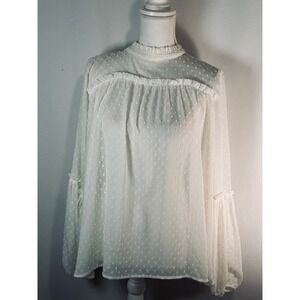 Cato White Swiss Dot Ruffle Mock Neck Bishop Sleeve Blouse XL